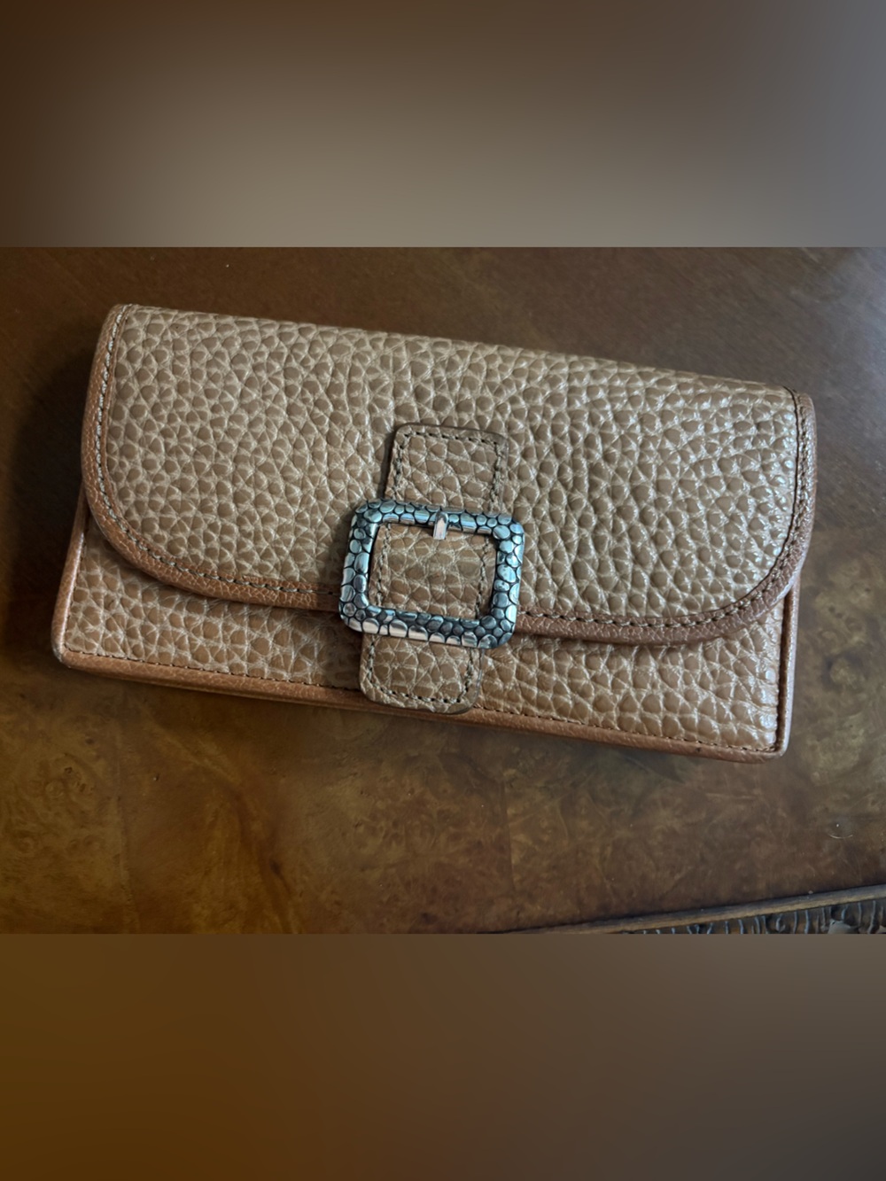 Brighton Pebbled Tan Leather Phone Wallet with Decorative Silver Buckle